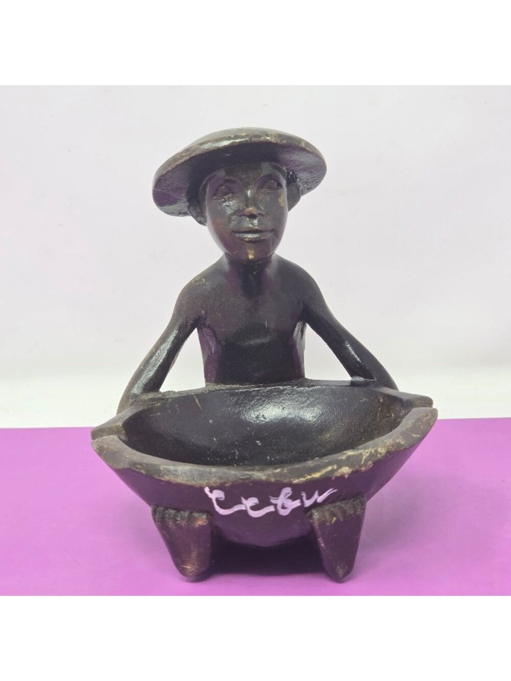 Hand-Carved Wooden Figurine Bowl With Hat Accent - Rustic African-Inspired Art D